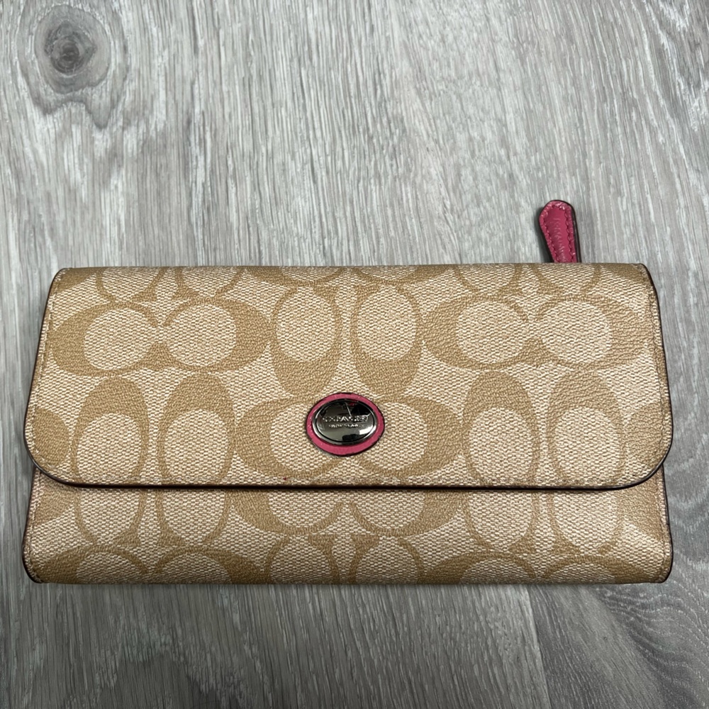 Coach monogram long wallet with check book cover pink F51103